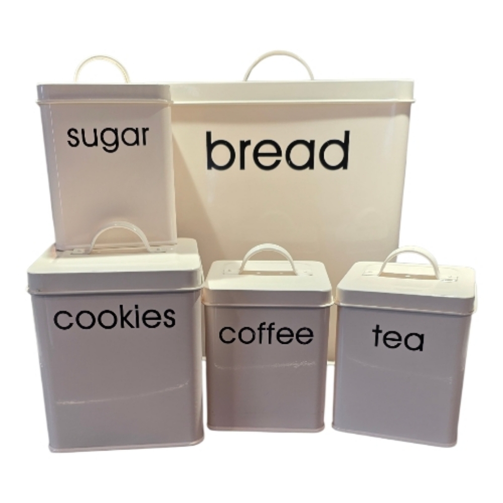 Kitchen Cannister 5 Piece Set Tin Farmhouse Style Shabby Chic Rustic With Handle